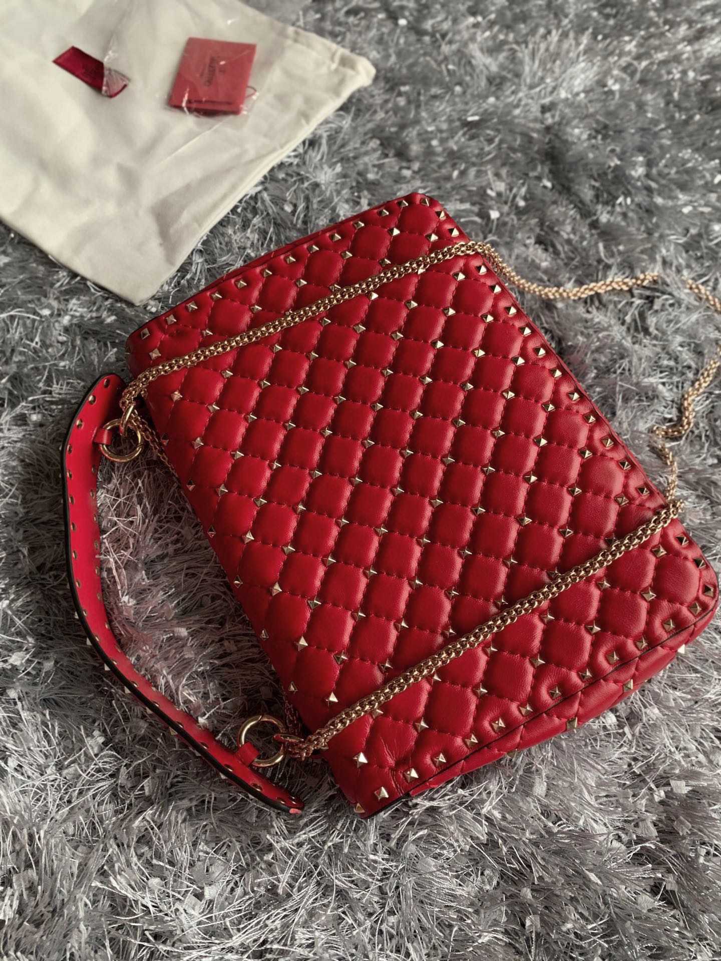 Valentino Garavani Rockstud Spike Big Chain Bag in Red Supple Lambskin Nappa